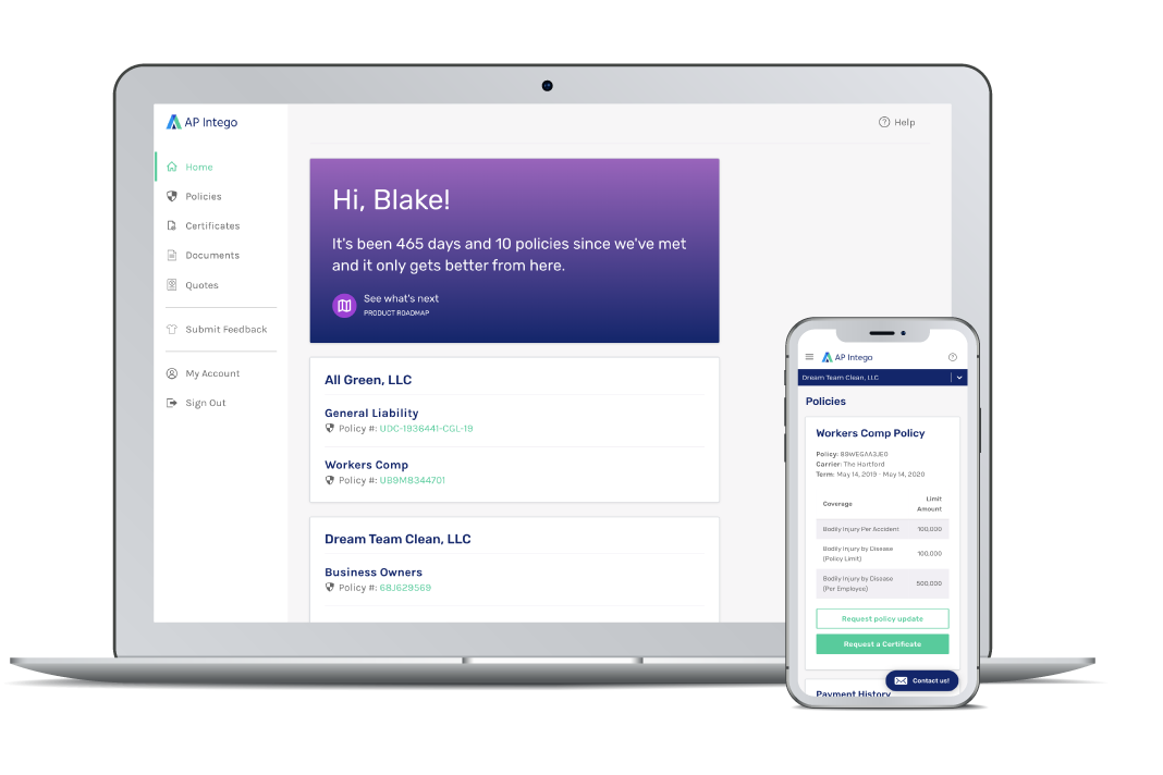 AP Intego's customer dashboard —convenience, coverage, confidence